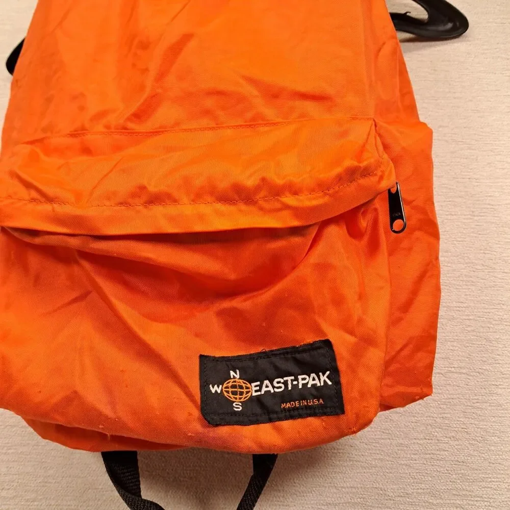 Vintage Eastpak Backpack Orange Nylon Made In USA Daypack Bookbag Neon Bright